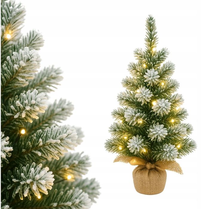 Choinka sztuczna jak żywa 63 cm – ośnieżona, z lampkami LED i workiem
