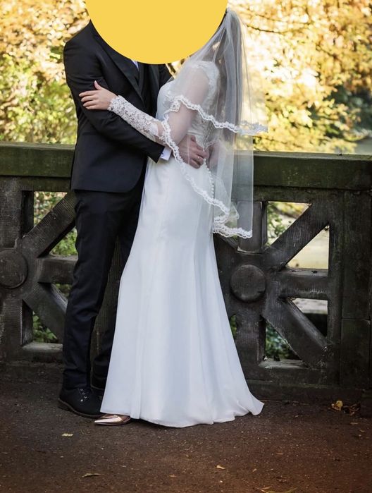 Śmietankowy welon z delikatną koronką ecru ivory kremowy