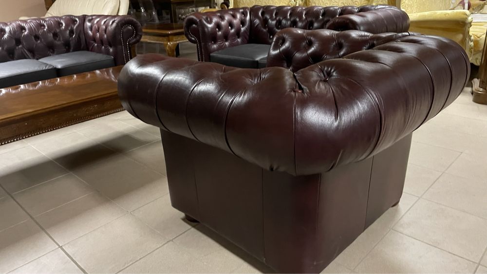 Komplet Wypoczynkowy Skórzany Skóra Chesterfield Londyn Angielski