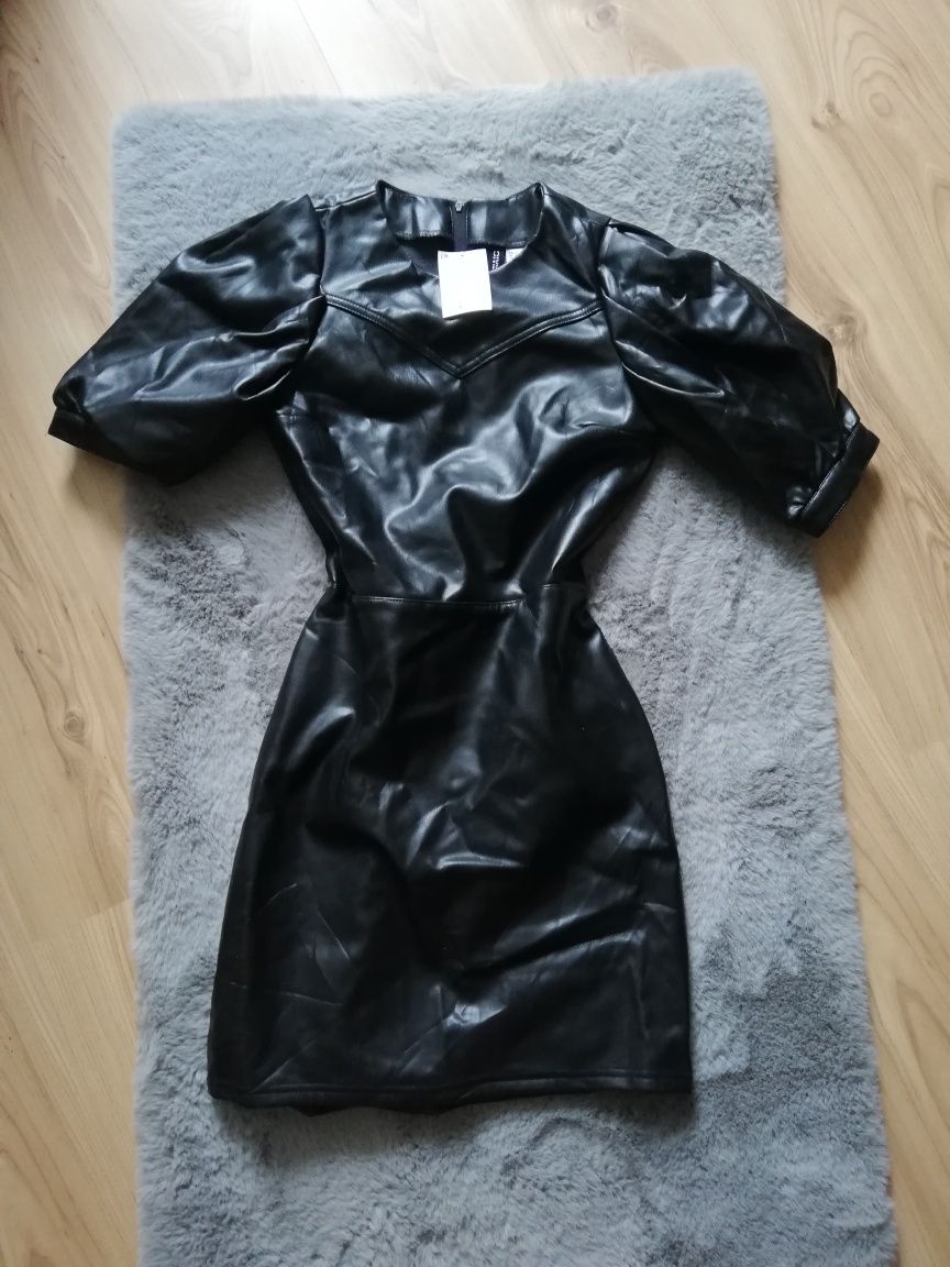 Sukienka czarna eko skóra bufiaste rękawy 34 XS H&M Nowa
