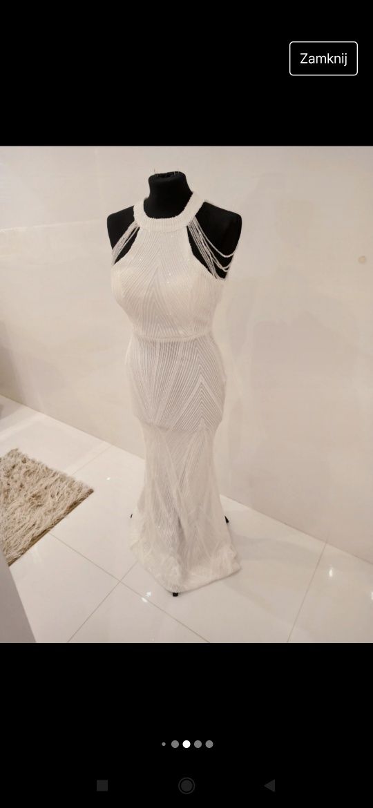 Suknia biała studniówka, ślub panieński cywilny kryształki cekiny halt
