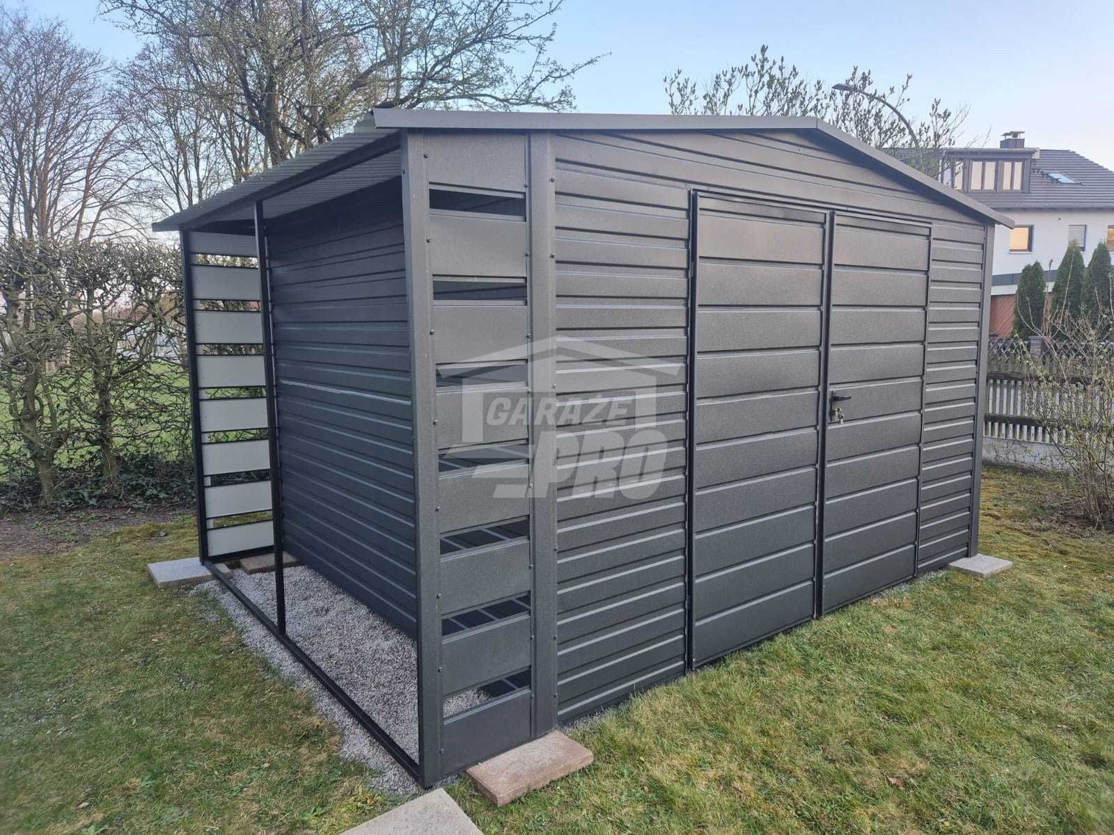 Schowek domek ogrodowy  4x3,5 + wiata 0,5m Brama Antracyt Dach GP602
