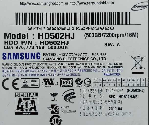 Disco Rígido SAMSUNG HD502HJ 500GB 7200RPM SATA HDD