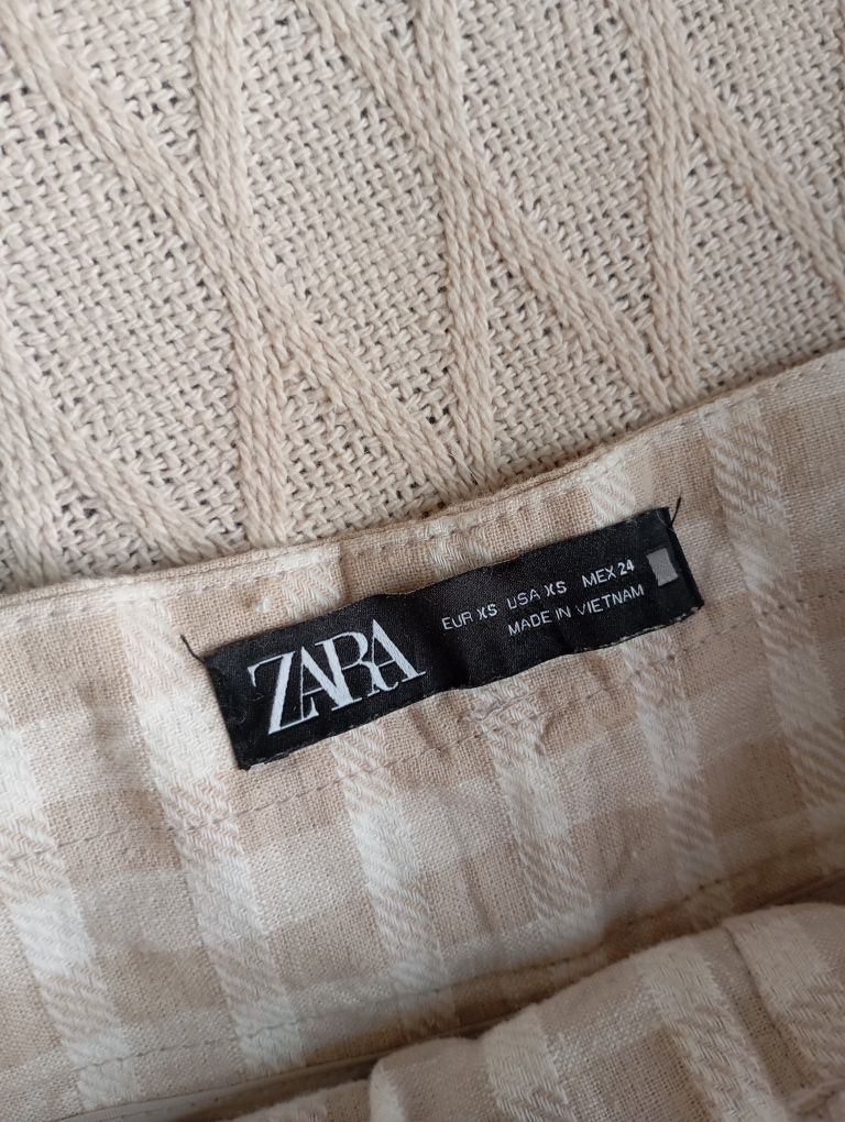 ZARA XS spodnica spodenki beżowe w kratkę len bawełna