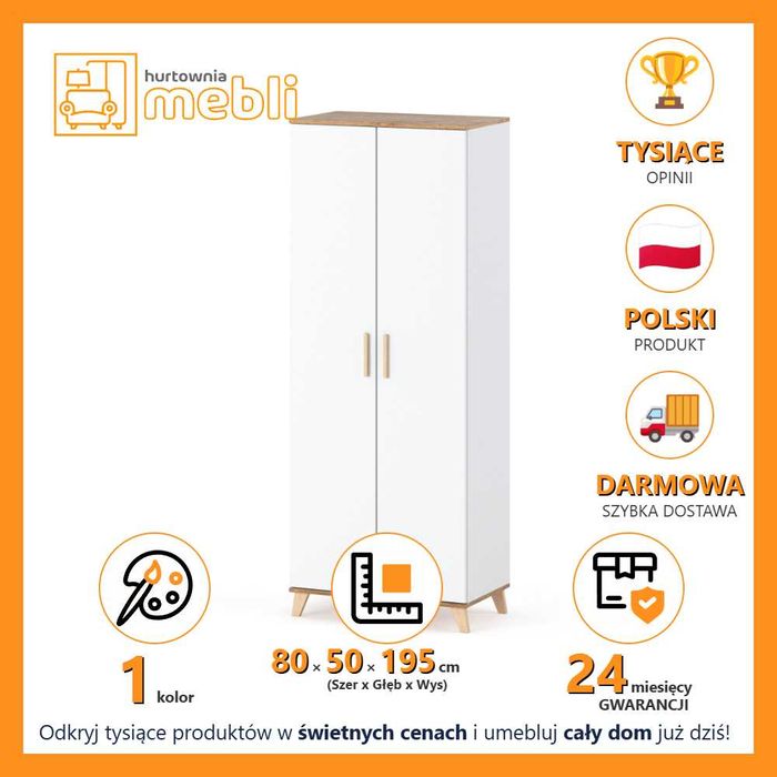 Szafa Skandynawska Dwudrzwiowa 80cm Olivier Garderoba Drążek Półki