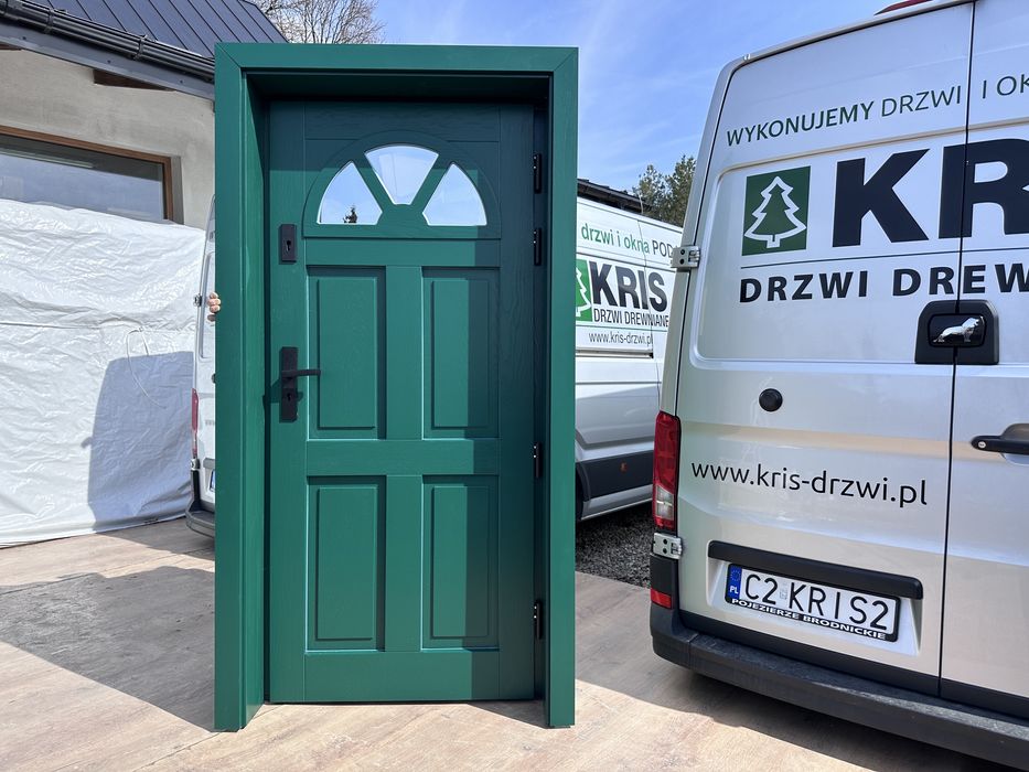 Drzwi wejściowe zewnętrzne drewniane zielone Na Wymiar Montaż Polska