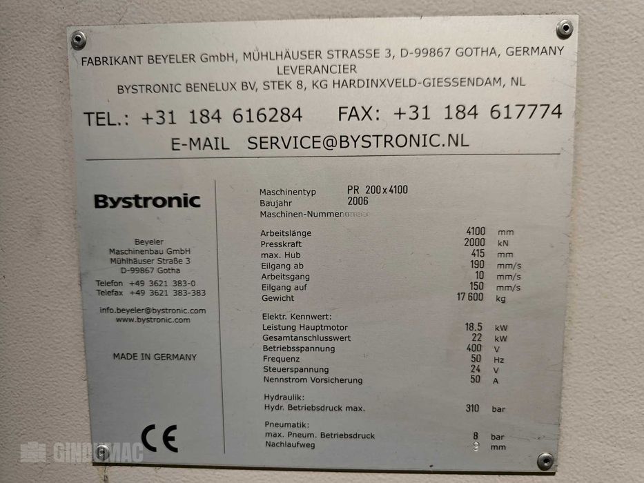 Prasa krawędziowa Bystronic PR 200x4100 – 6 osi, kompensacja (2006)