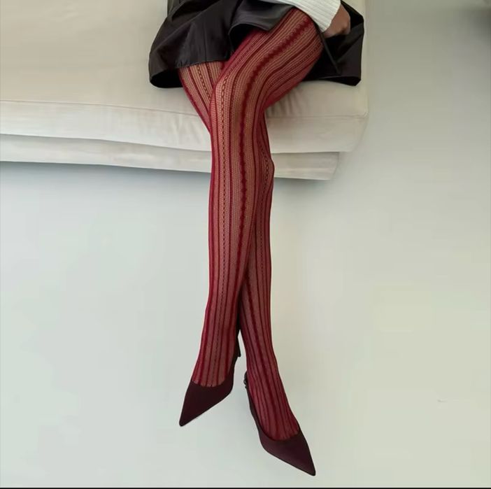 Колготи ажурні у смужку червоні колготи кружевні колготи бургунді сетк