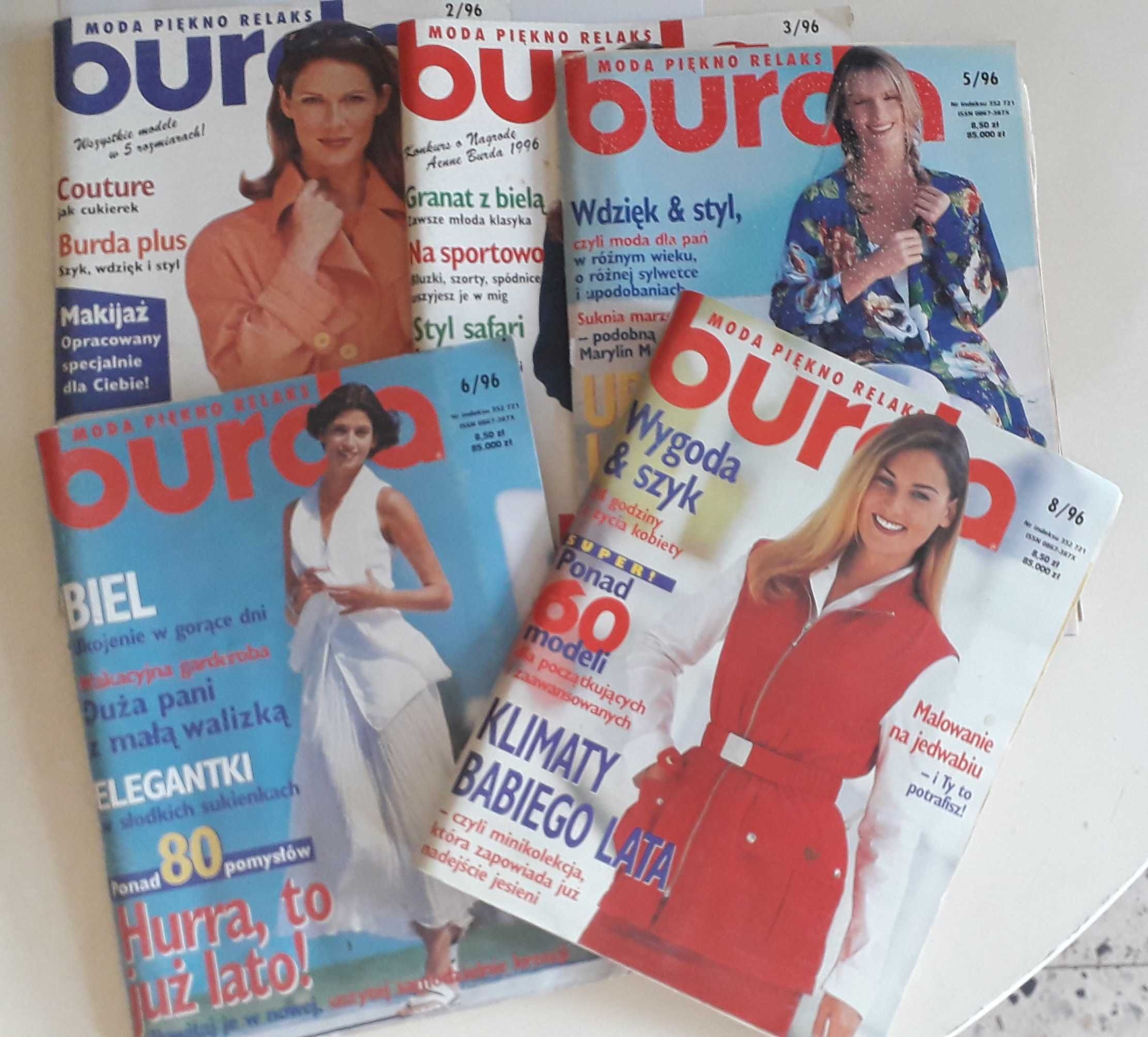 Miesięczniki modowe BURDA 1996 rok - nr 2, 3, 5, 6, 8 - z wykrojami