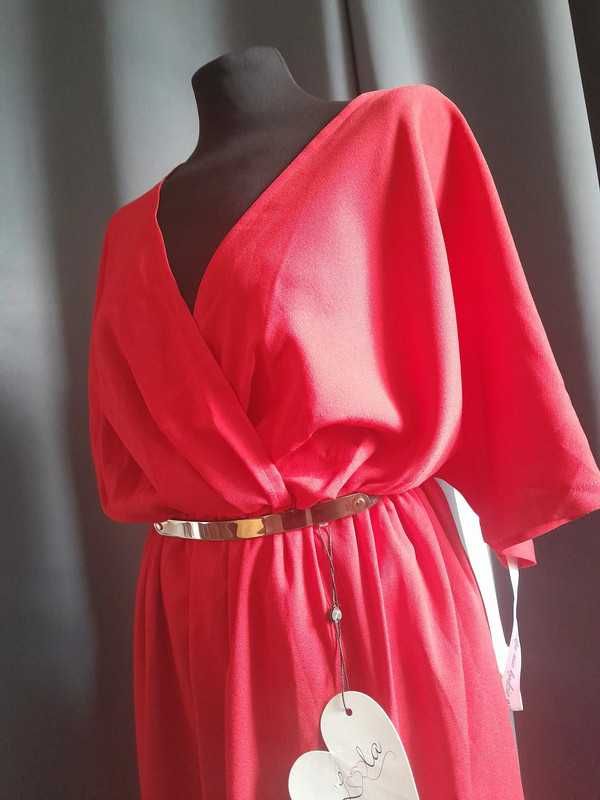 czerwona - Długa, luźna sukienka z gumką w pasie+gratis