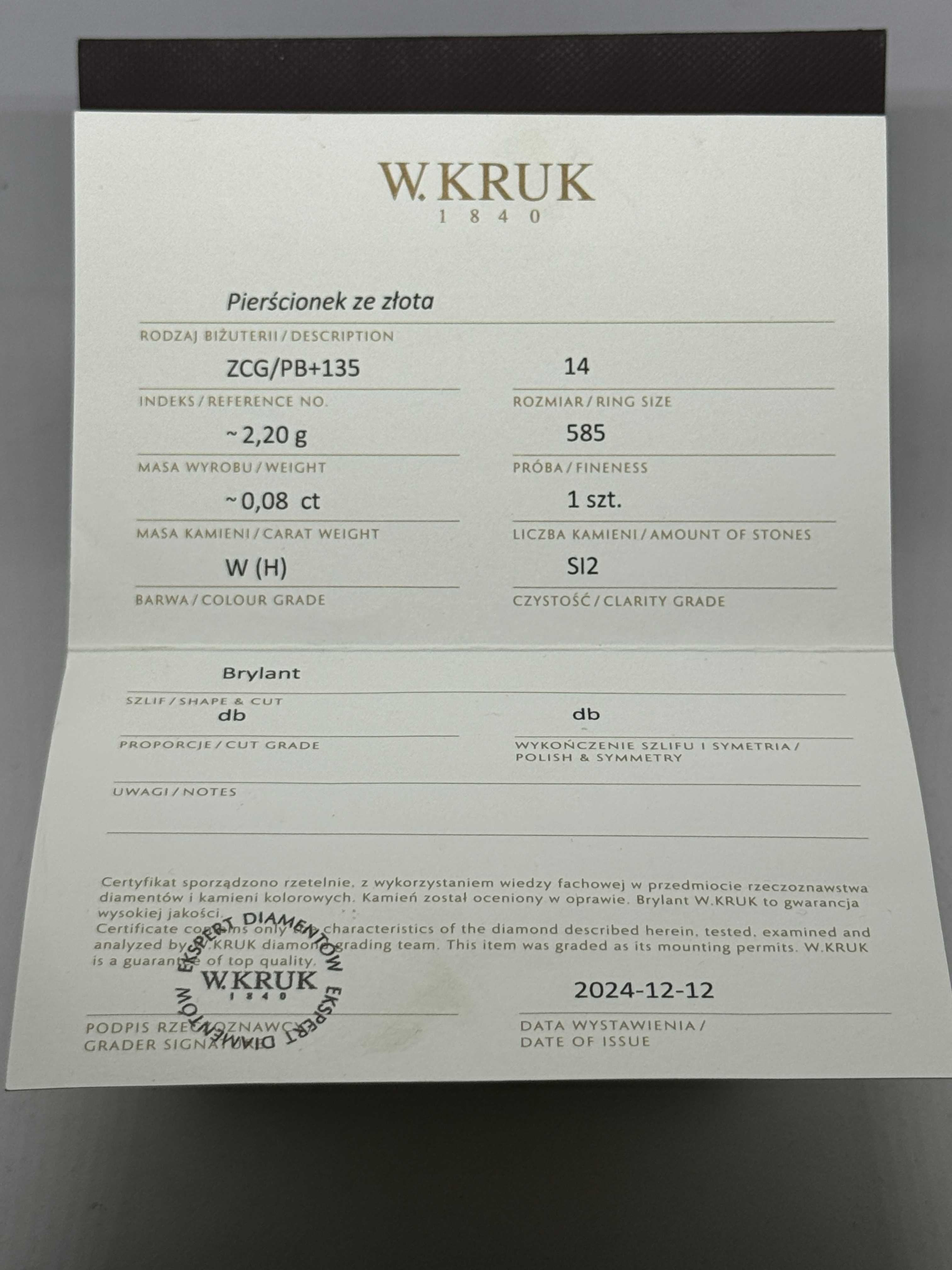 Złoty pierścionek z brylantem W. Kruk  585  R-14 !Certyfikat!