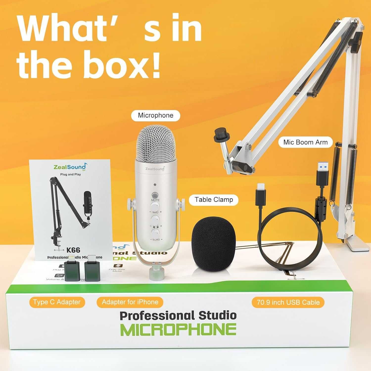 ZealSound Zestaw mikrofonów USB + ramię k66 Pearly White Podcast