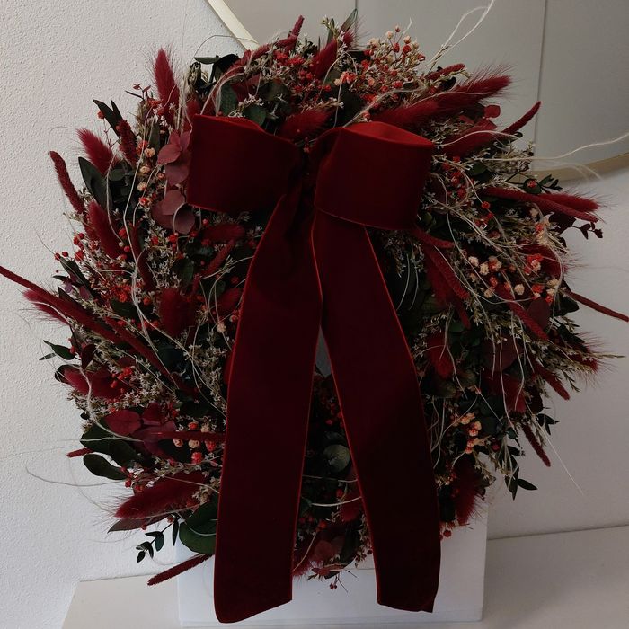 Wianek wieniec na drzwi świąteczny bordowy zielony naturalny