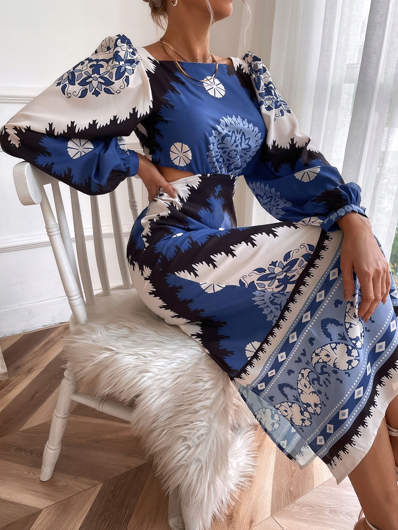 Sukienka Maxi Z Wycięciami Bufiaste Rękawy Odkryte Plecy Shein M 38