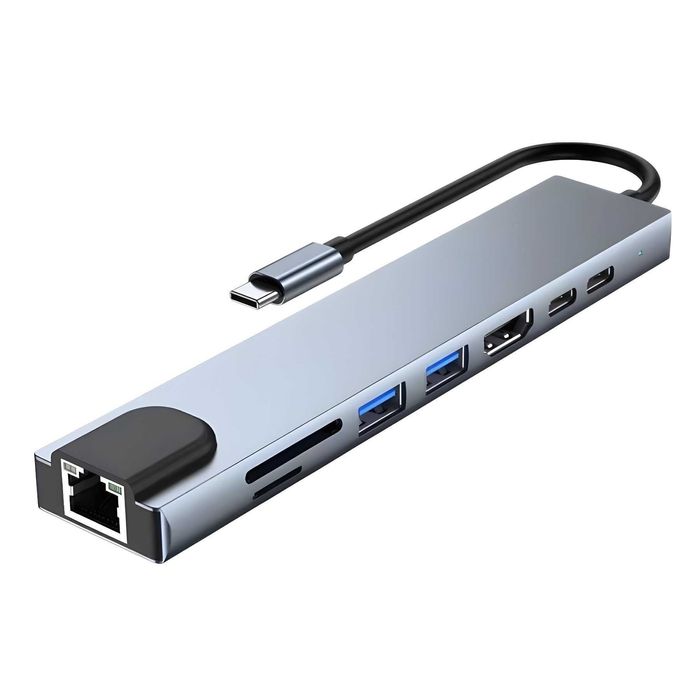 HUB Adapter USB-C 8w1 – Aluminium HDMI , RJ45, USB-C, Stacja dokująca