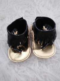 Czarne złote japonki sandały wysokie, rzep, frędzelki, dla dziewczynki