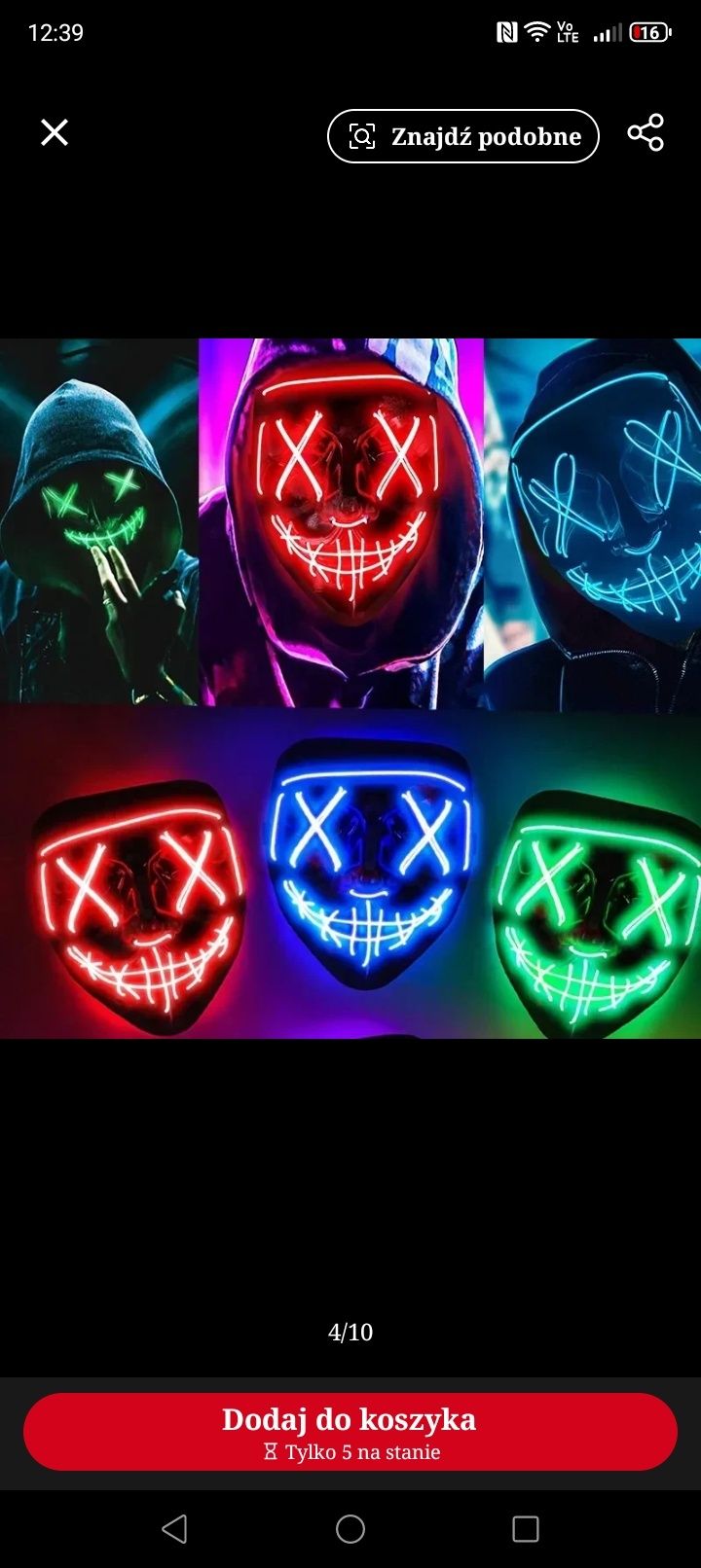 Maska LED Helloween czerwona.