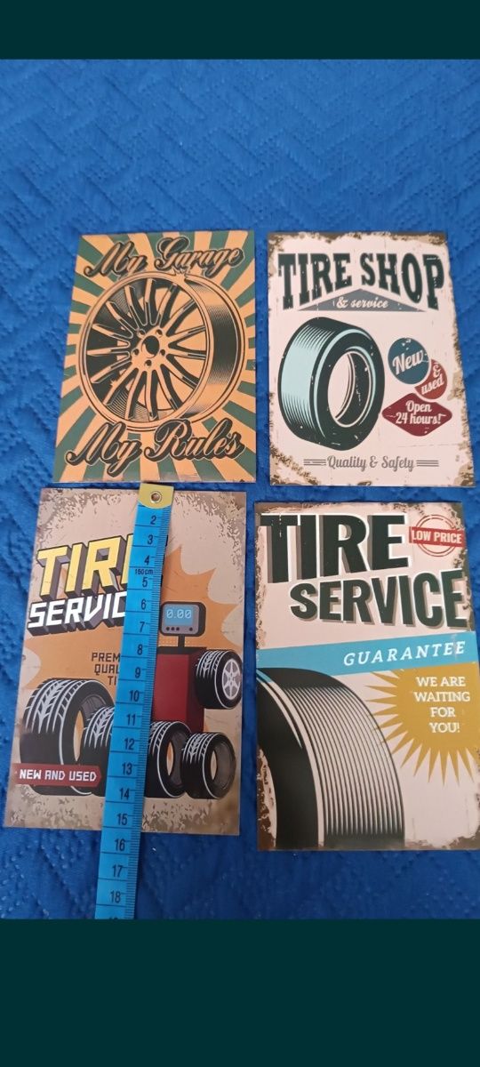 4 karty 15 X 10 z emblematami retro serwisów wulkanizacyjnych