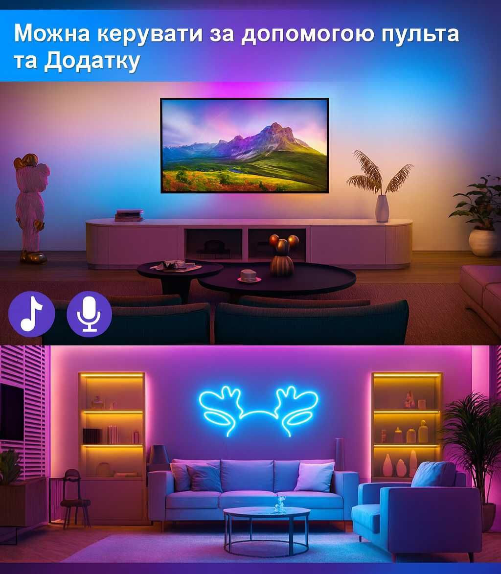 Неонова розумна LED-стрічка 10 м: смарт-керування, USB, пульт.
