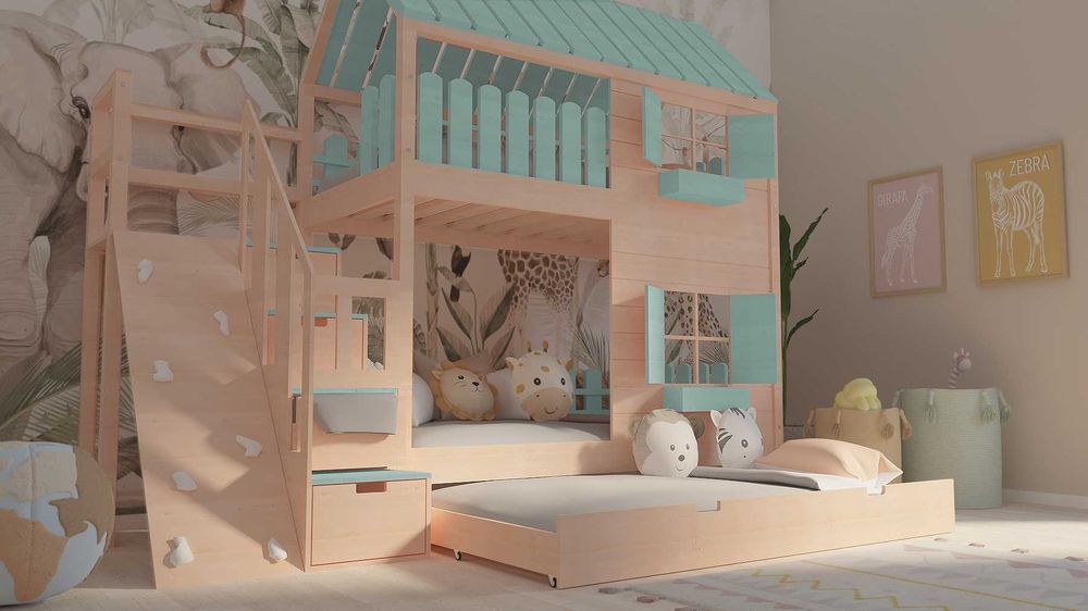 Łóżko piętrowe domek ze schodami i ścianką wspinaczkową