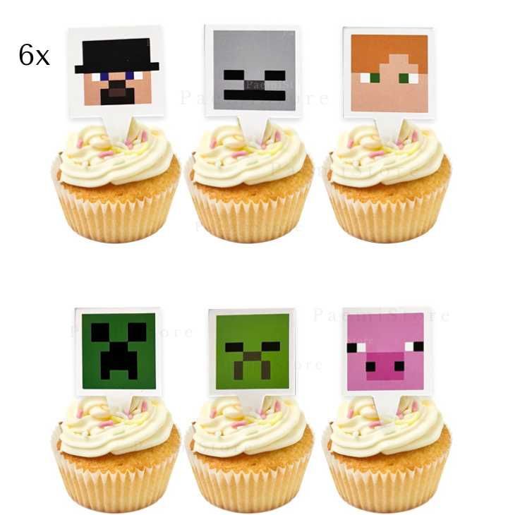 Toppery tort muffinki babeczki Minecraft urodziny Steve pixel urodziny