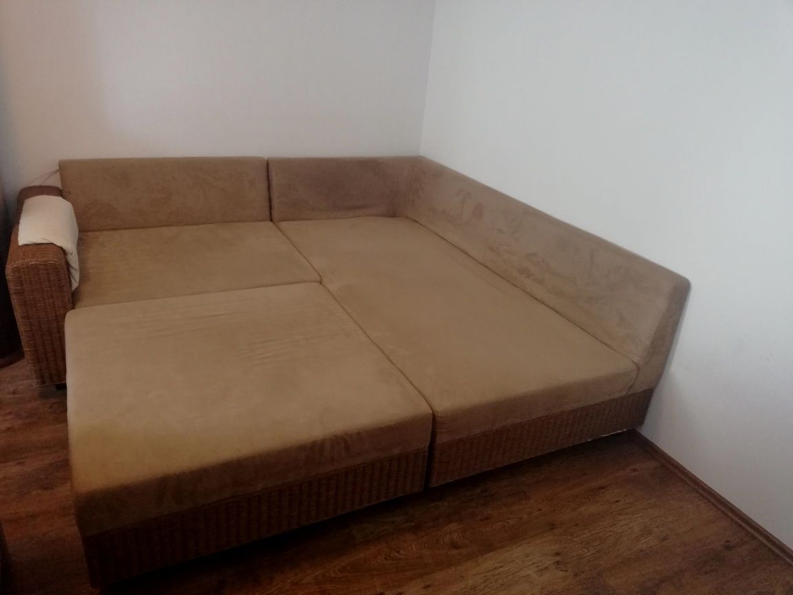 BRW Sofa, rogówka duża rattan i alkantara narożnik, kanapa, z lnu