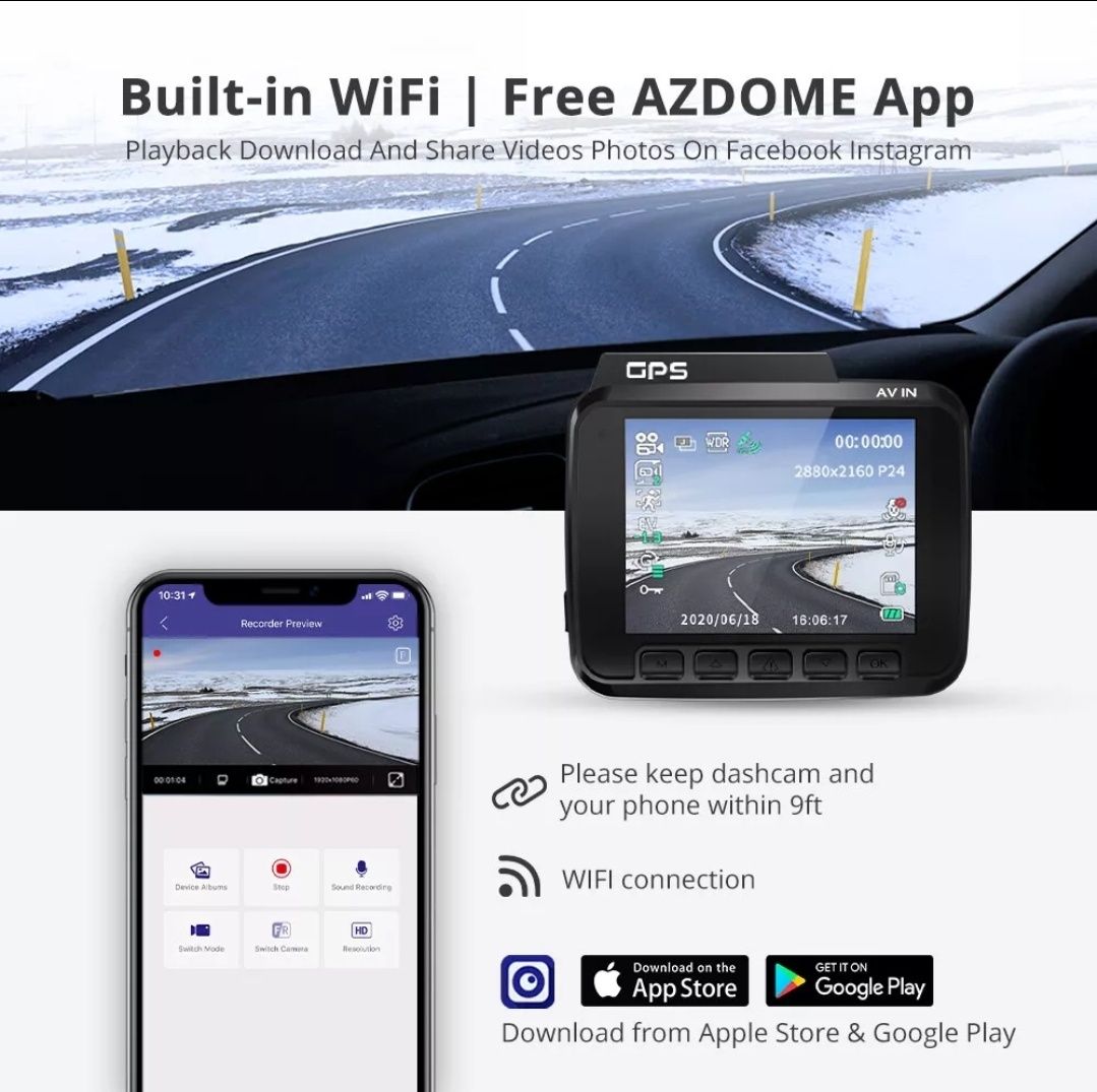 AZDOME 4K/2160P Dashcam GPS WiFi ADAS Kamera Auto DVR Recorder Nachtsi