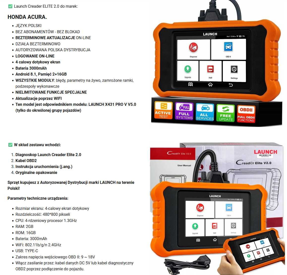 Interfejs Diagnostyczny Creader Elite v. 2.0 for Honda