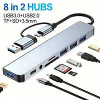 Hub USB 8 w 1, USB3.0 + USB C na USB 3.0 , USB 2,0 , USB-C , TF/SD