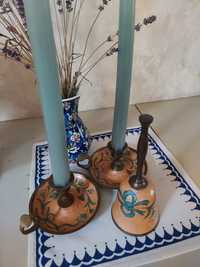 Komplet 2świeczniki i dzwonek,mosiężne ozdobne turkusowe,ręcznie malow