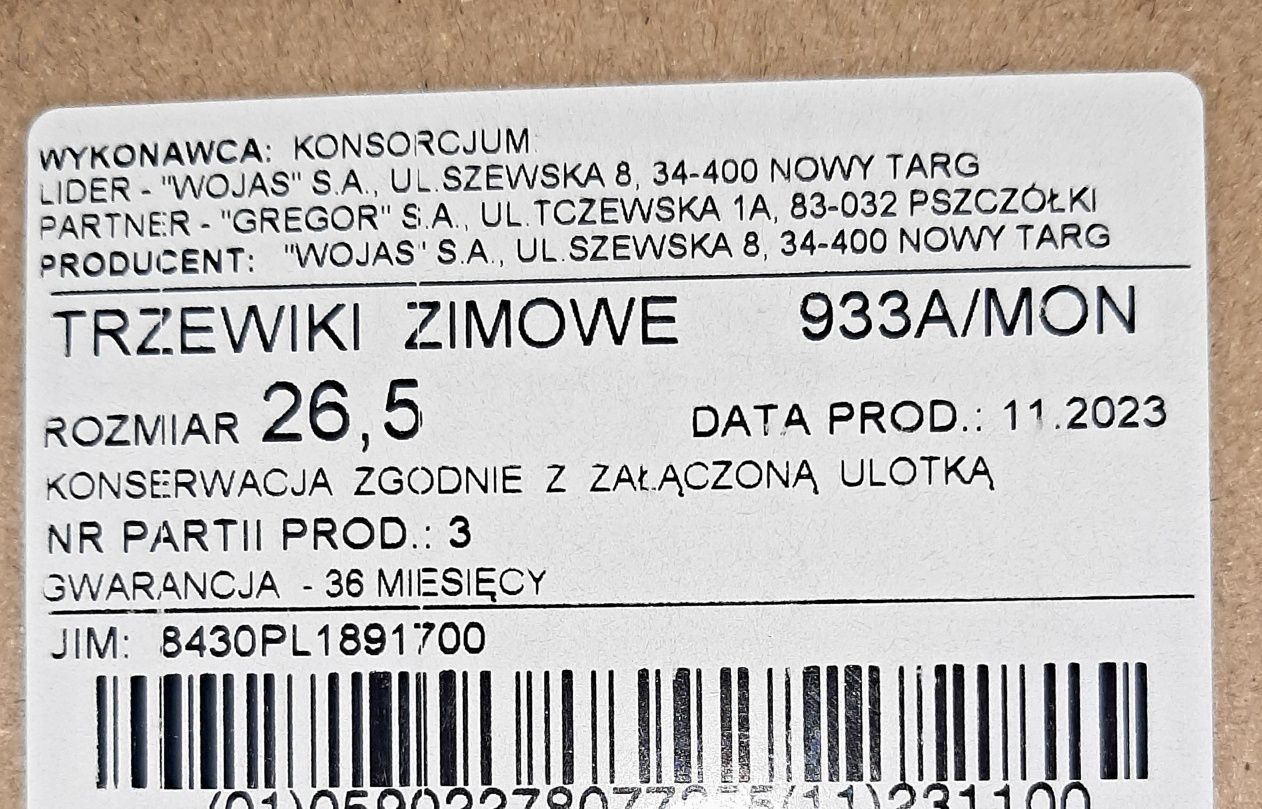Trzewiki Buty Zimowe WOJAS Wz 933 A /MON Oryginalne Nowe rozm. 41/26,5