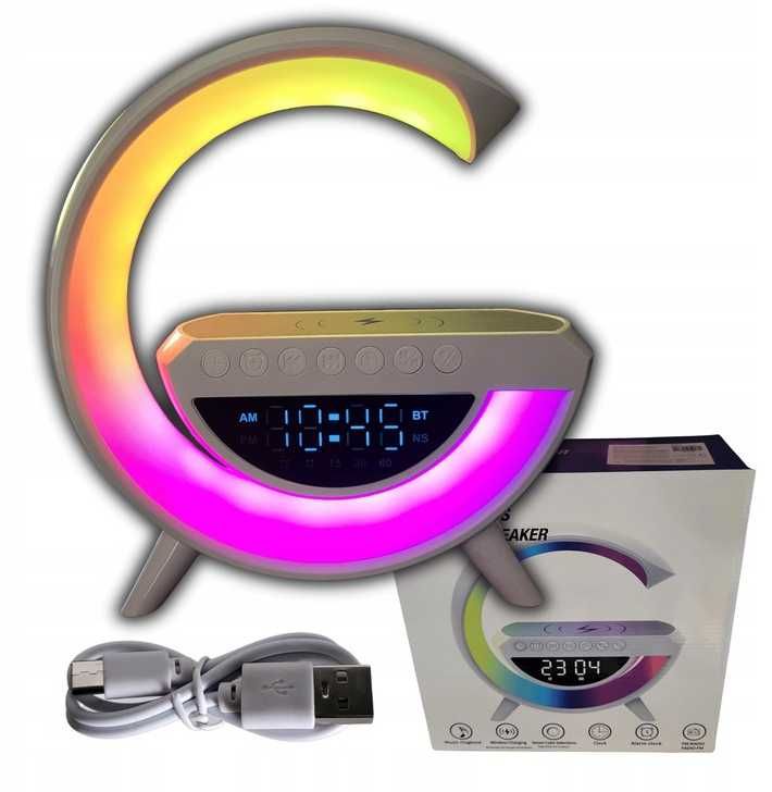 LAMPKA LED RGB Ładowarka INDUKCYJNA QI Głośnik budzik Radioi Zegar uSB