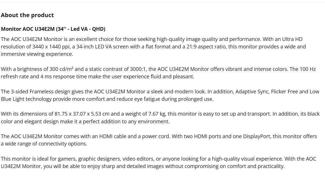 Monitor AOC U34E2M (34'' - Led VA - QHD)