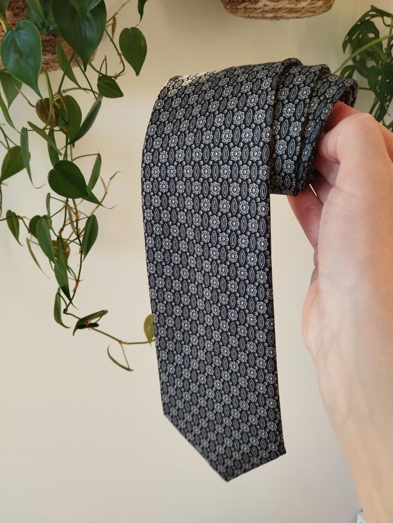 Męski jedwabny krawat 100% silk we wzorki, czarny, szary, 9,5 cm, Cand