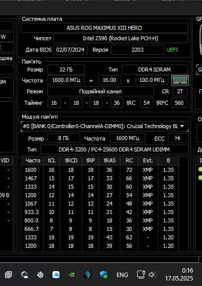 Intel i7-11700KF, Asus Maximus XIII Hero Z590, Crucial DDR4 3200 32GB