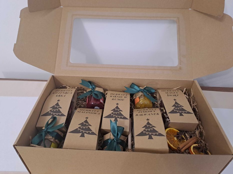 Mega duży zestaw prezentowy 5 herbat, 3x konfitura, miód, czerpak