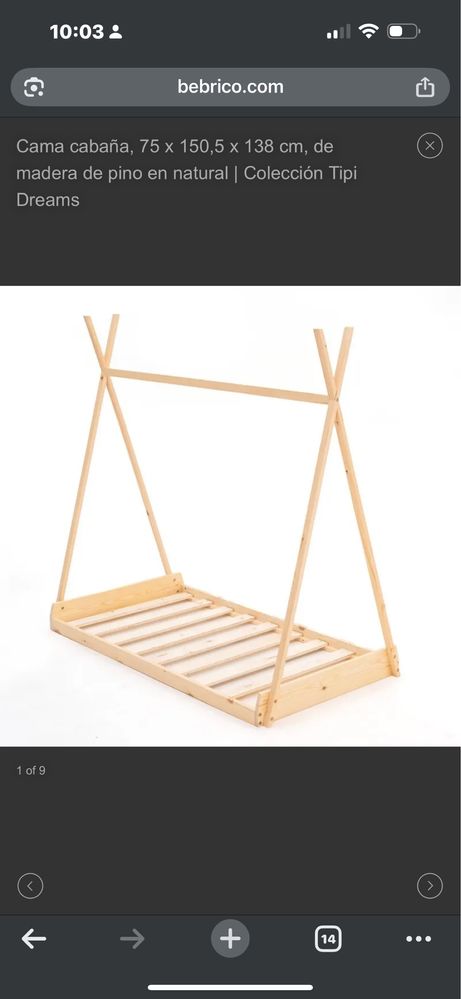 Cama cabaña, 75 x 150,5 x 138 cm, de madera de pino en natural