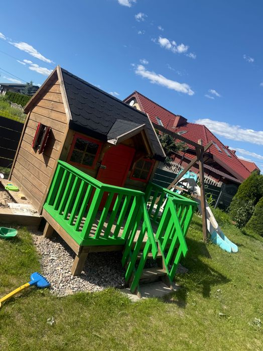 Domek drewniany ogrodowy dla dzieci piaskownica zjeżdżalnia