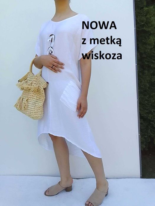 Nowa  z metką Biała asymetryczna swobodna sukienka oversize S M L XL