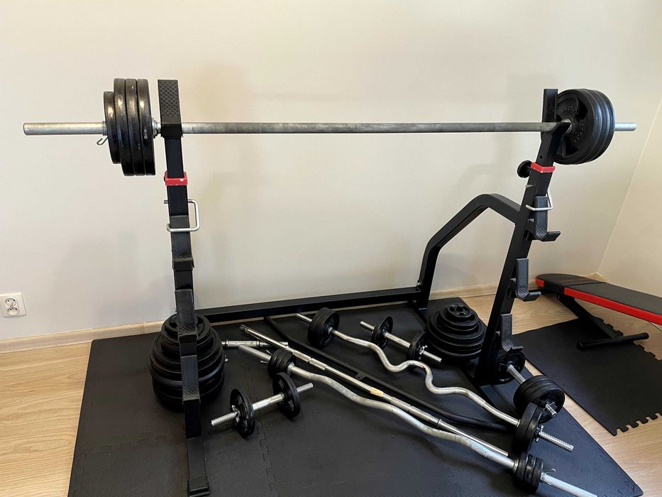 siłownia domowa: sztanga, ławeczka, wioślarz, hantle ...