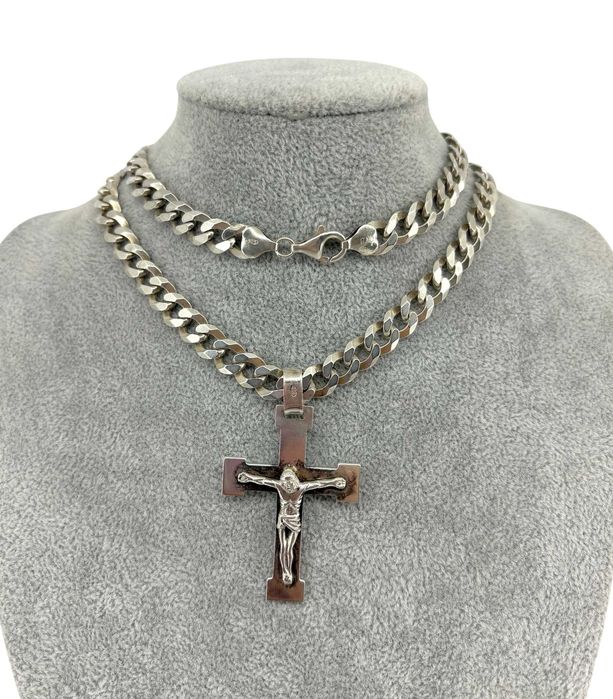 Masywny Srebrny Łańcuszek z Krzyżykiem Pancerka 49.76G 925 50CM