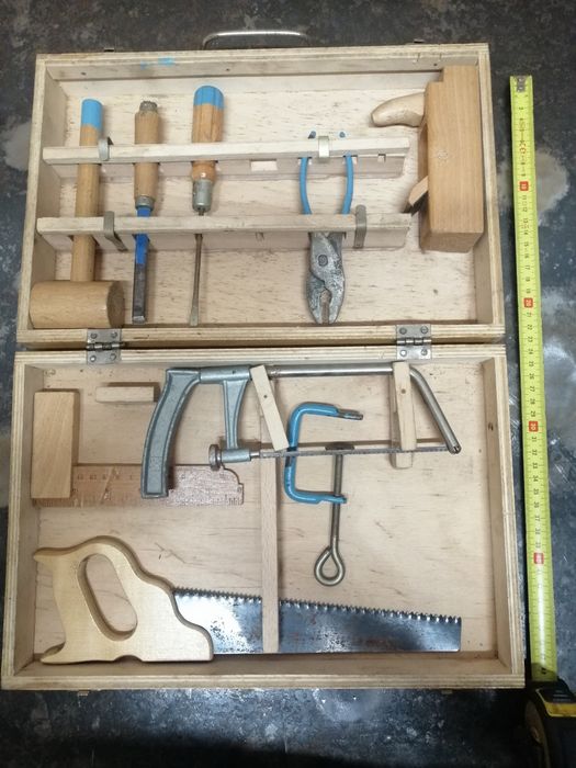 Zestaw małego stolarza majsterkowicza skrzynka PRL młodego narzędzia