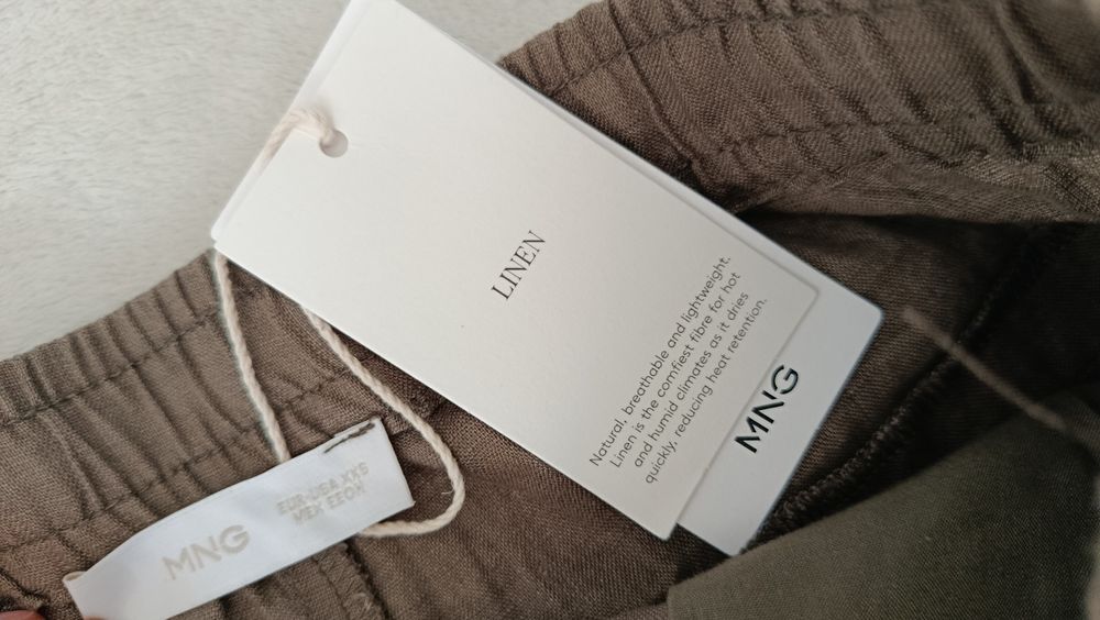 Nowe lniane Mango XS S khaki oliwkowe len lato długie szerokie wide 34
