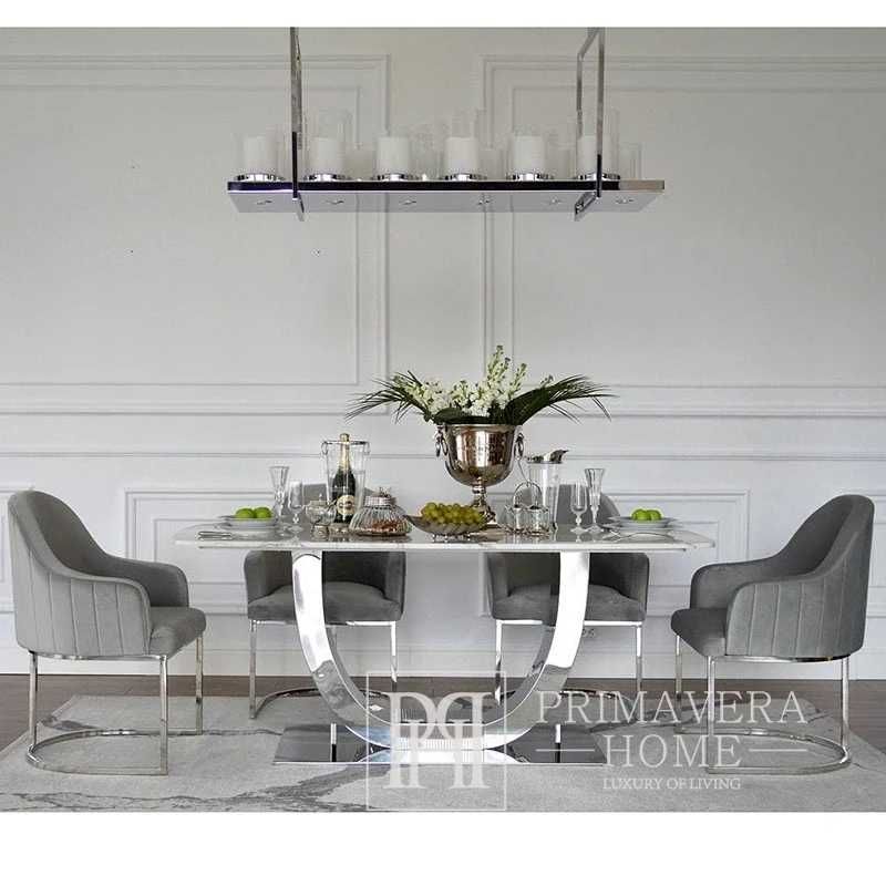 Stół glamour do jadalni, biały blat marmurowy, srebrny ART DECO