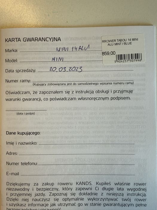 Sprzedam rowerek TABOU 14 Mini