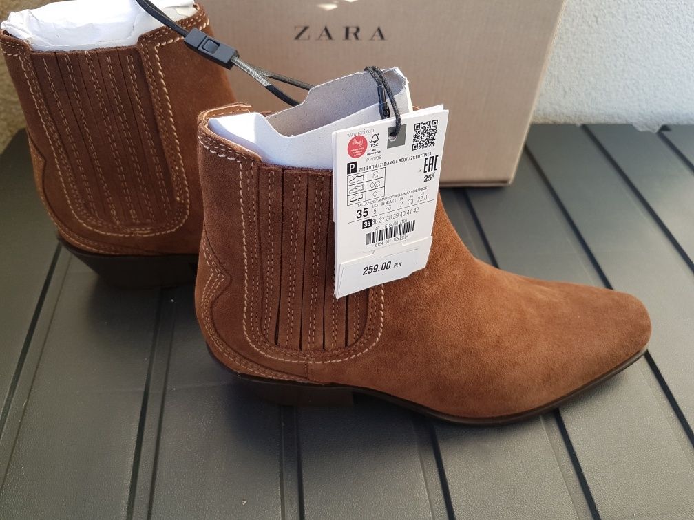 ZARA nowe botki kowbojki, SKÓRA, zamsz, r. 35 w cenie zakupu!