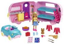 Lalka Chelsea Barbie auto z przyczepą campingową piesek ognisko domek
