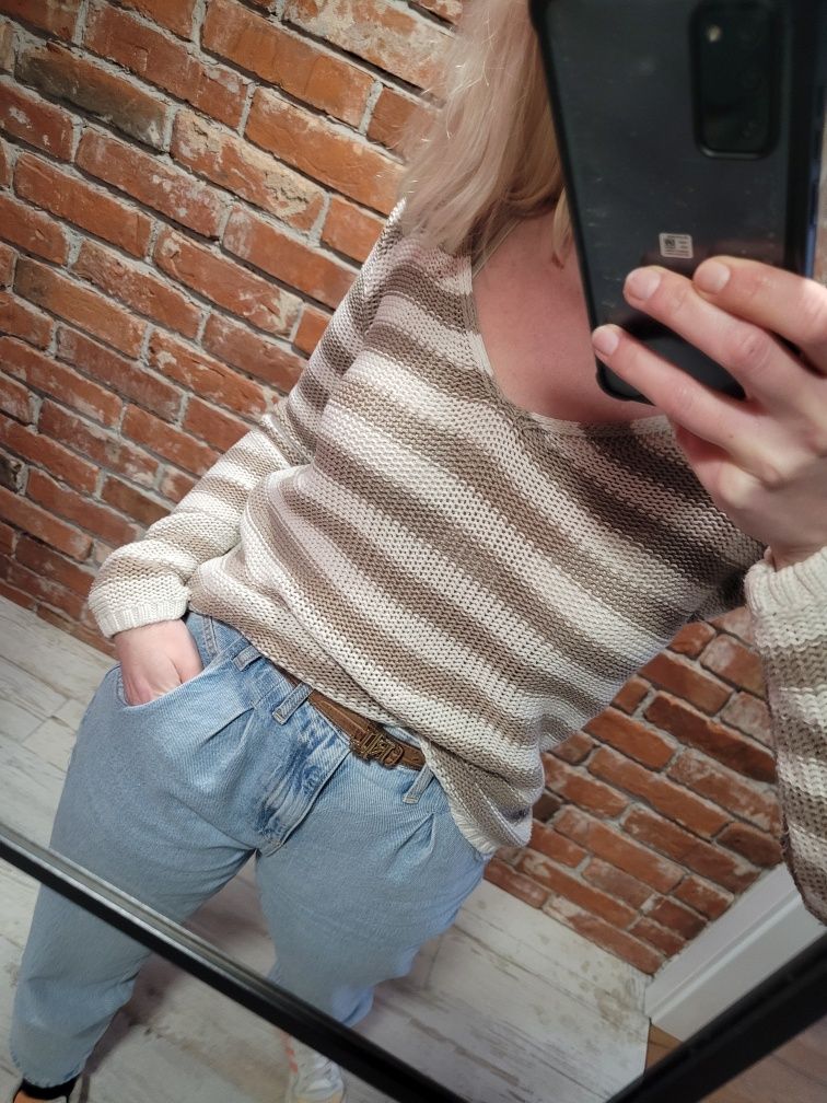 Beżowy sweter w paski oversize boho H&M