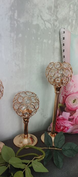 Świecznik zestaw komplet złote kryształki 3 sztuki glamour vintage