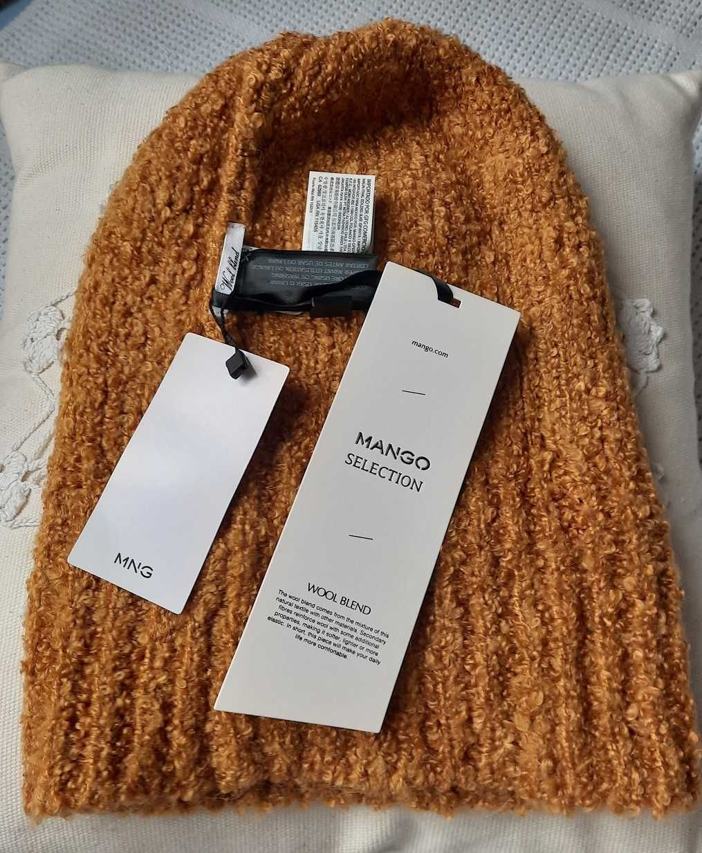 Wełna Alpaca Mango nowa musztardowa ciepła czapka wełniana M L XL